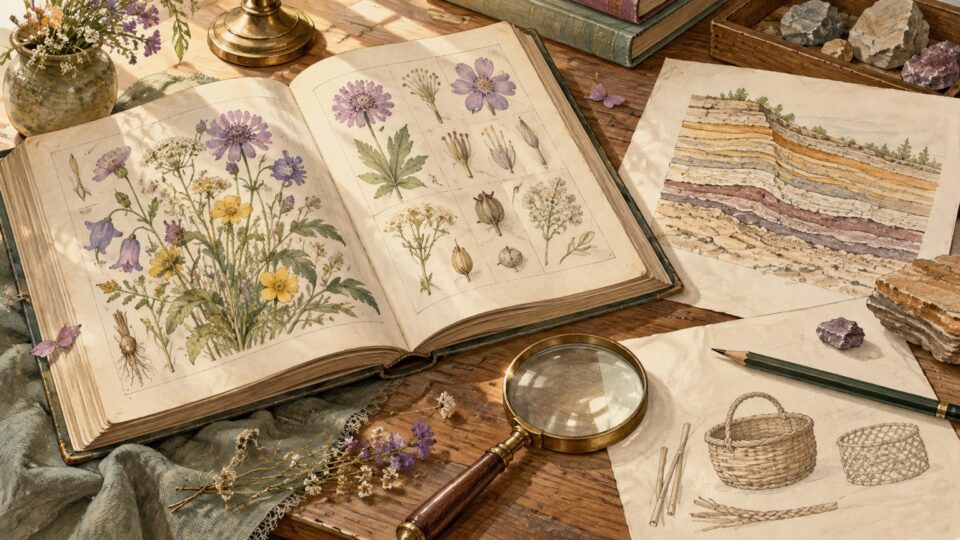 草花、地層、暮らしの道具を眺める架空の図鑑のイラスト