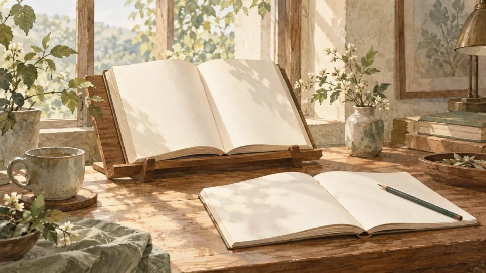 午後の光が入る木の机に、書見台で開いた本と無地のノート、鉛筆を置いたイメージイラスト