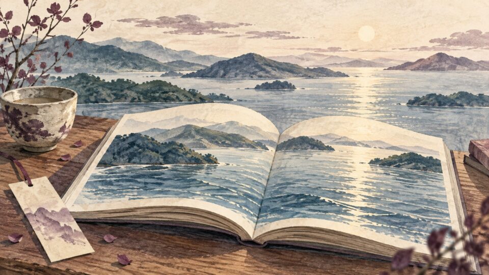 本のページと湖、穏やかな海を組み合わせた中国地方の読書旅のイメージイラスト