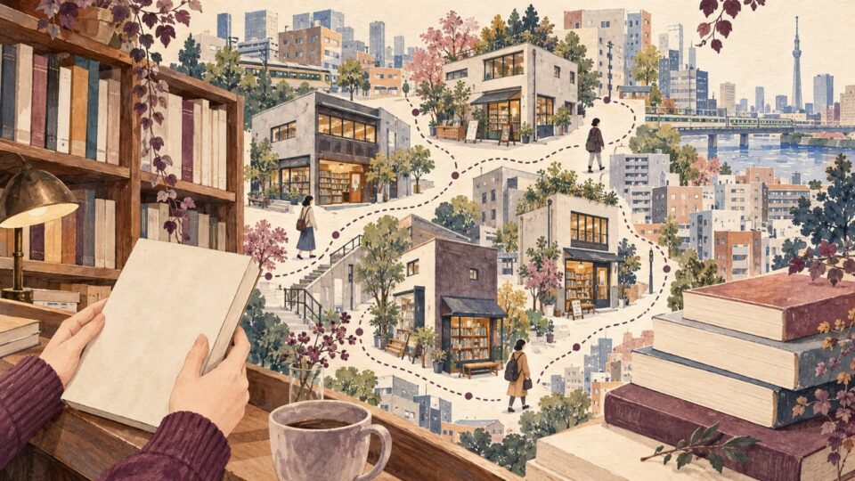 積み本や本棚、抽象的な街区を描いた関東の本屋巡りのイメージイラスト