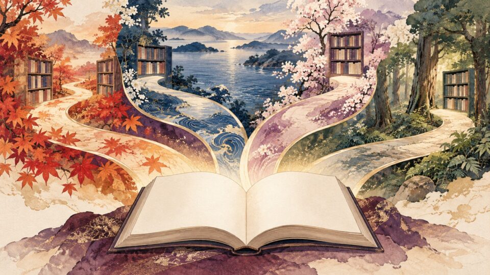 開いた本から街や草花、港、木立へ道が伸びる近畿の本屋巡りのイメージイラスト