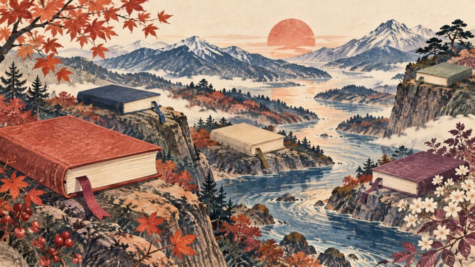 本と山並み、川や枝葉を組み合わせた東北の本屋巡りのイメージイラスト