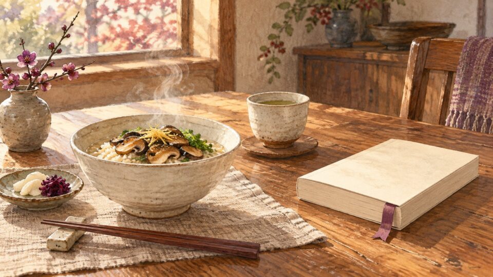 食卓に置かれた文庫本と湯のみのイラスト