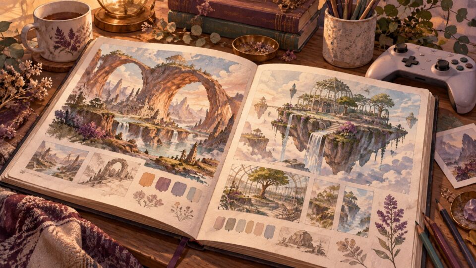 ゲームの風景画が載った架空のアートブックのイラスト