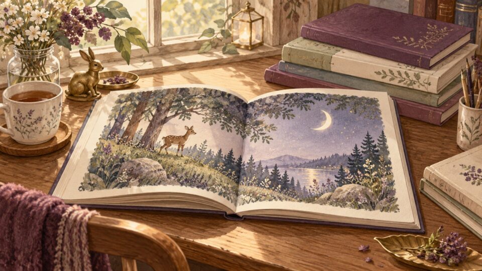 開いた絵本と数冊の本を置いた机のイラスト