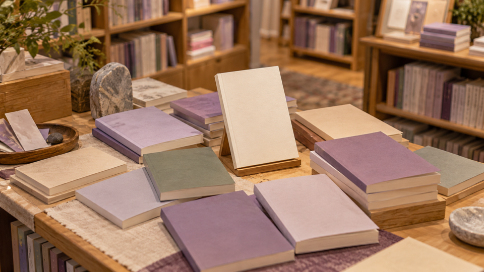 架空の書店の平台に、表紙の色が異なる無地の本を並べたイメージ